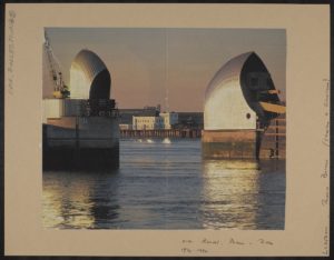 Sunset vision of the Thames barrier from the Conway Library.