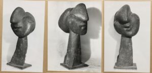 Detail of three items from the Conway library showing Picasso's Head of a Woman sculpture from three different angles.