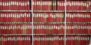 Red filing boxes in the Conway Library at the Courtauld Institute of Art