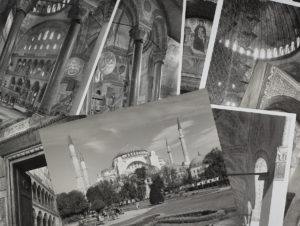 Scattered black and white images of Hagia Sophia.