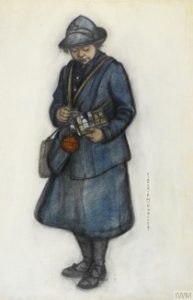 Sketch of a bus conductress wearing a blue uniform.