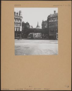Old black and white image showing the ludgate circus railway bridge.