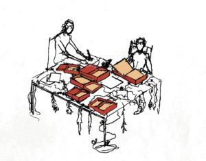Minimalist ink drawing of two persons sitting at a table sorting and labelling the contents of red filing boxes.