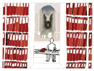 Minimalist ink drawing showing the figure of a person sitting at a table in the Conway Library, surrounded by red filing boxes.