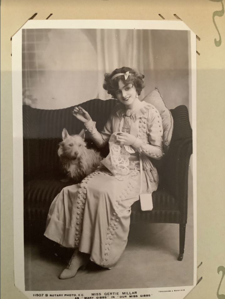 Postcard of Gertie (and dog), in the role of Mary Gibbs