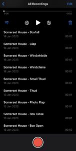 A screenshot of the iPhone Voice Memos application. There are nine recordings in total, titled: Boxfall, clap, windwhistle, windchime, smallthud, thud, photo flap, box close, and box open. They are all between one and three seconds long.