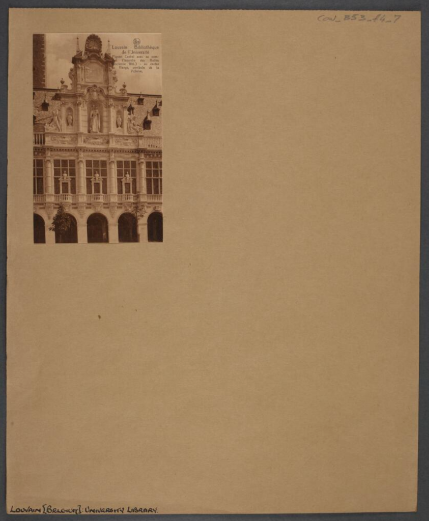 A sepia print that shows the central gable of the Université catholique de Louvain. The gable includes an image of the burning of the old library at the top and a representation of the Virgin Mary at the centre.