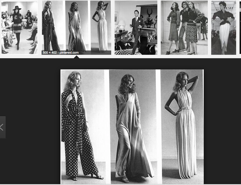 In the upper left corner: Marisa Berenson models hat and shift dress from Halston's first ready-to-wear collection. In the Upper right: Pat Cleveland models Halston. Forefront: 1970s Halston designs. 