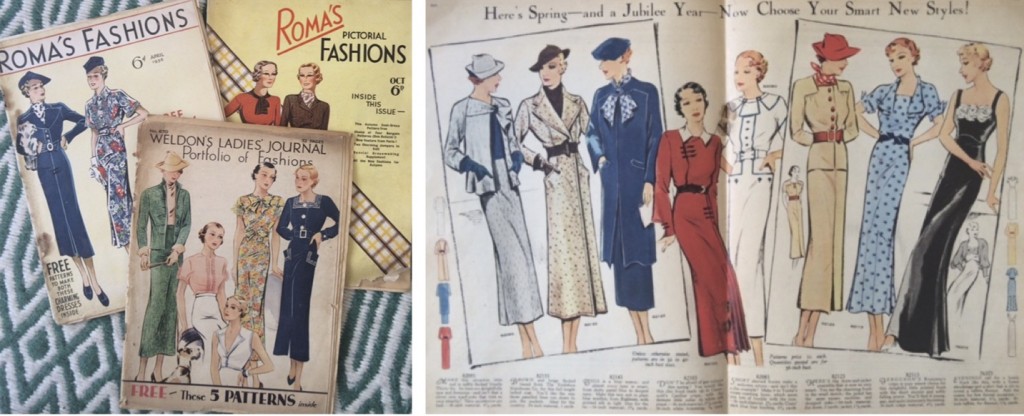 (L) Selection of 1930's Dressmaking Magazines, (R) 'How to Dress for Jubilee Year', Weldon's Ladies Journal, 1935