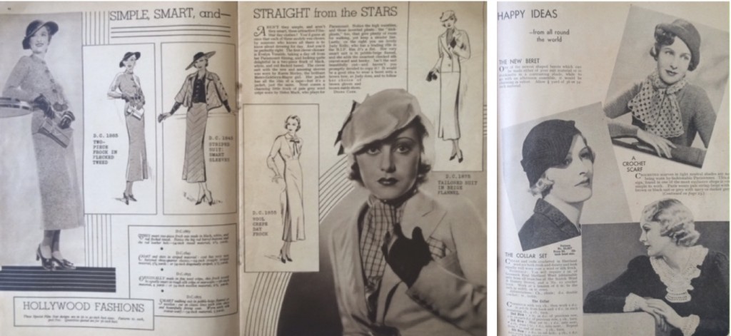 (L) Looking at Hollywood styles, Weldon's Ladies' Journal, 1935 (R) Knitting and Crochet, Roma's Fashions, October 1934