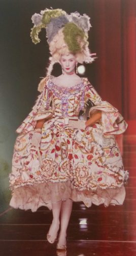 Marie Antoinette by John Galliano for Christian Dior (2000). Caroline Weber discusses Galliano’s creation in Queen of Fashion: What Marie Antoinette Wore to the Revolution (2006). As Weber notes, ‘one of the gown's two embroidered hip panels depict the notorious French queen frolicking at her country palace in shepherdess costume; the other shows her walking to the guillotine in rags. These details rightly suggest that her fate was inextricably intertwined with her clothing choices.' 