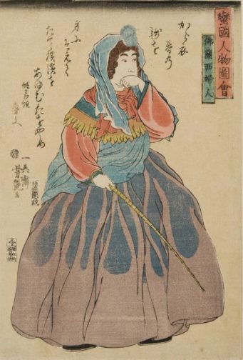 Yoshitsuya Ichieisai, A Frenchwoman from the series The People of the Barbarian Nations (Bankoku jinbutsu zu: Furansu fujin), 1861. Polychrome woodblock print. Philadelphia Museum of Art (accession number 1968-165-119). http://www.philamuseum.org/collections/permanent/249307.html