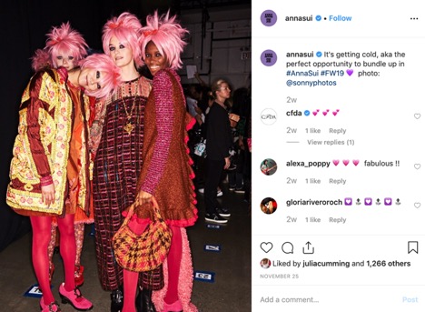 Instagram Screenshot of Anna Sui models wearing pink outfits with pink mullets.