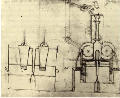 Old sketch of machinery on yellowed paper