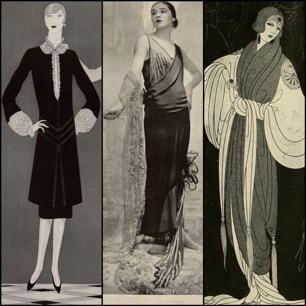 A collage of three 1920s black and white fashion images of women. Each shows a model posing. First, a drawing of a model in a black knee length dress with lace collar and cuffs. Next a photograph of a model in a black evening dress with crystal beading at the shoulder and on its train. Finally a more stylised drawing of a model in a long, wrapped gown with embroidered shoulders. 