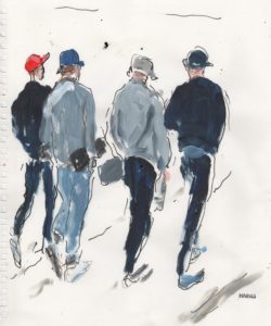 Painted sketch of four men with hats, seen from the back