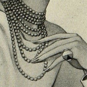 A detail of a 1920s black and white fashion drawing of a woman with long fingernails and a large ring touching her multiple strand pearl necklace.