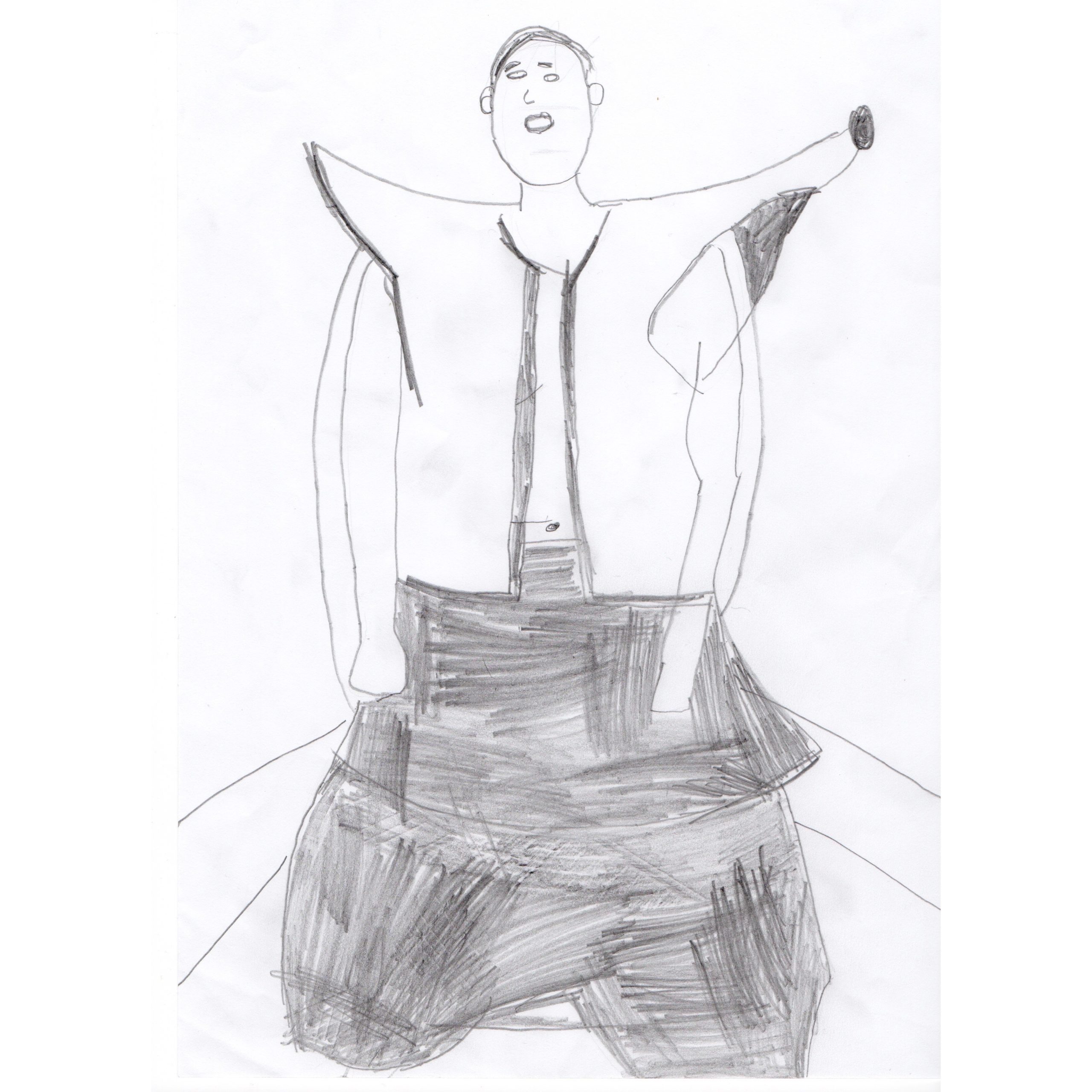 A drawing of a woman, her arms raised and outstretched, it looks as though the drawing has been executed in pencil