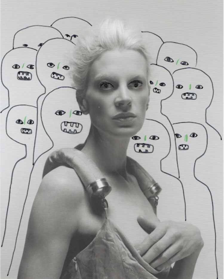 Woman positioned in the centre of image, the top half of her torso shown with a collection of illustrated 'demons' drawn in behind her