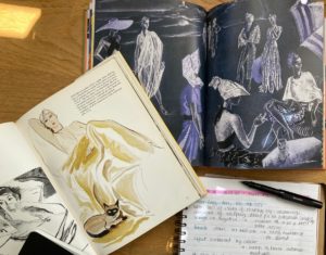 In this image we can see a selection of fashion illustrations, presented in books, and a series of notes by Rebecca alongside them