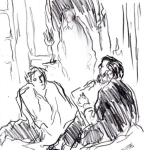 An illustration of Berard and Jacques Fath, sat talking with one another
