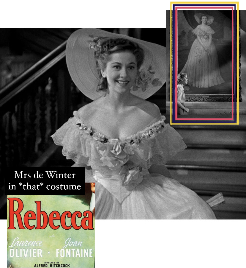 A still from Alfred Hitchcock's adaptation of "Rebecca", actress Joan Fontaine depicted in a large, floppy hat and white ballgown