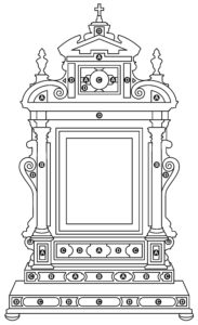 Line drawing showing the different types of stones present in the frame. Lapis lazuli, Amethyst, Agate and Sicilian jasper
