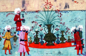 illustration of Members of the guild of florists carrying vases of flowers at the festivities for the circumcision of Prince Mehmed