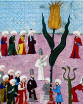 illustration of Sufi Imams with high green hats and their followers performing their rituals
