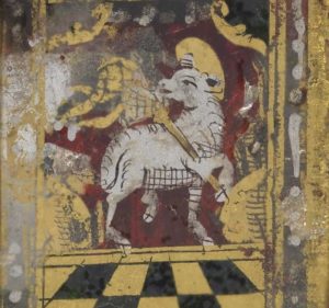 A detail of the inside left panel, showing the Lamb of God with the resurrection banner