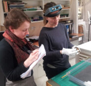 Josephine with Paper Conservator Kate Edmondson looking at how the Küslins’ Bible was made