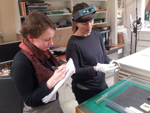 Josephine with Paper Conservator Kate Edmondson looking at how the Küslins’ Bible was made