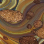 A close-up image of aventurine inclusions within chalcedony glass