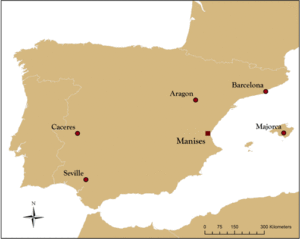 Spanish map with cities of Caraces, Seville, Aragon, Manises, Barcelona and isle of Majorca