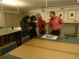 Laila and Sacha with Colin Lindley, measuring the iznik dish in the prints room