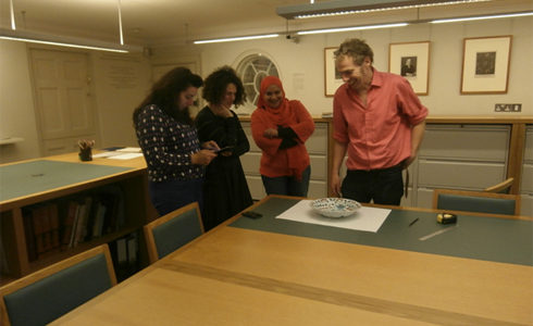 Laila and Sacha with Colin Lindley, measuring the iznik dish in the prints room