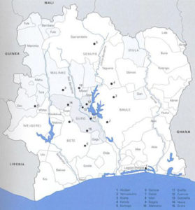 Map of Côte D'Ivoire showing Guro area in the centre and borders with neighbouring people