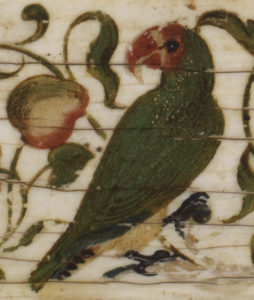 detail of a red cheeked parrot decoration on ivory casket