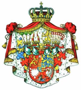 The coat of arms of the Dukes of Schleswig-Holstein-Sonderburg include a lion, a griffin, a swan, and a person on horseback at the bottom.