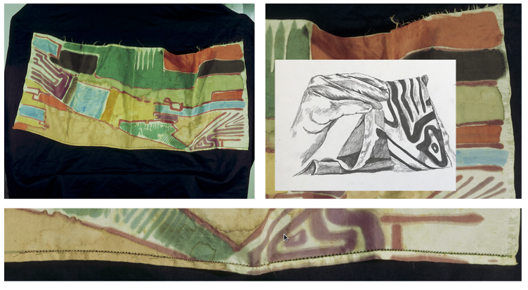 Close up images and drawing of a painted piece of fabric