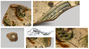 close up images of ceramic fragment with drawing