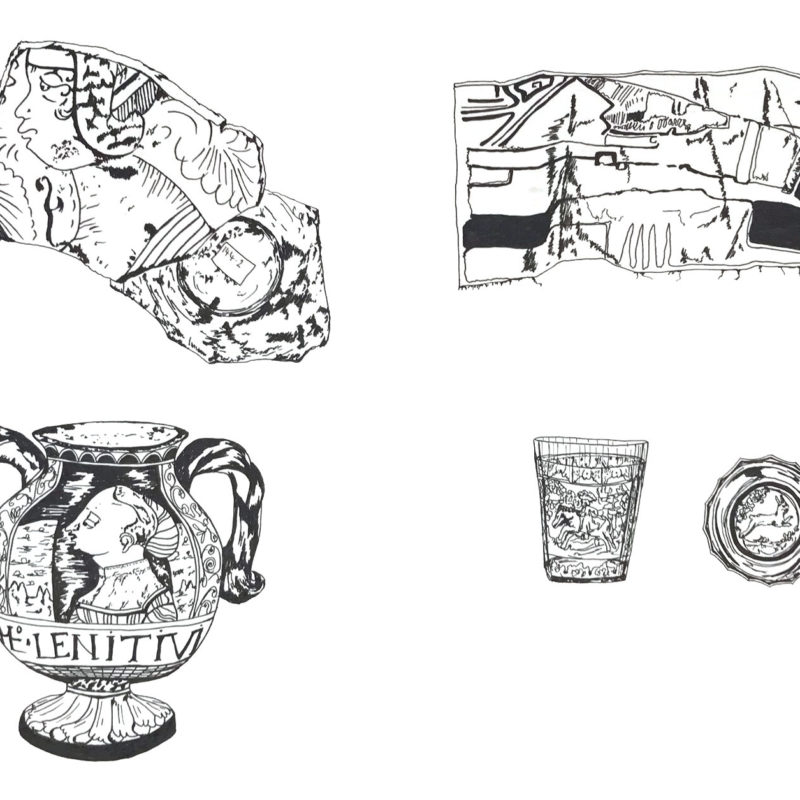 Three part drawing of museum artefacts
