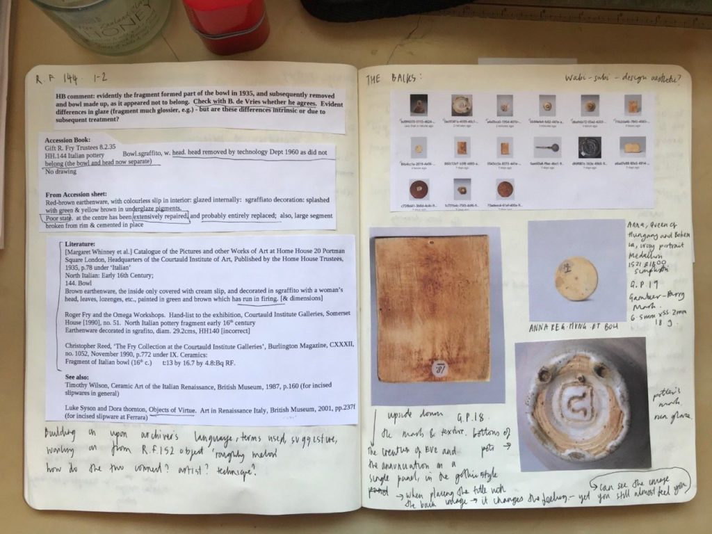 Notebook pages with Object Document files and photos of the backs of objects