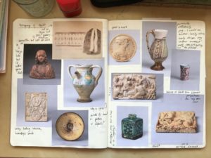 Notebook page of a mood board of a series of objects from the courtaulds collection