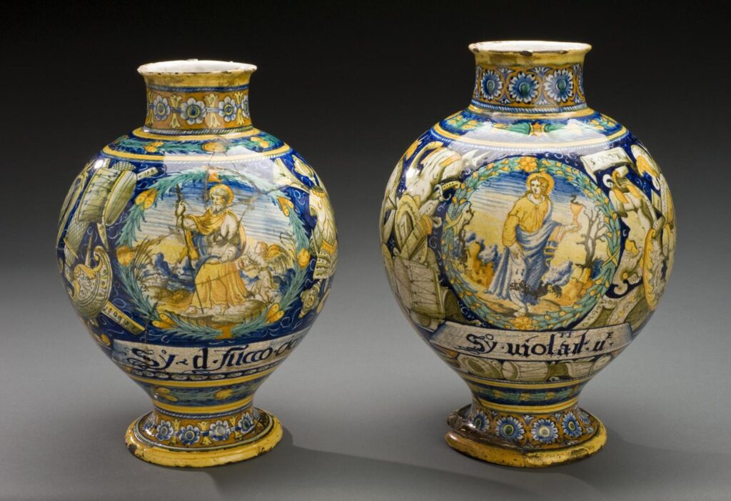 A drug jar painted with Saint Matthew and inscribed with a motto of Rome meaning “Senate and People of Rome