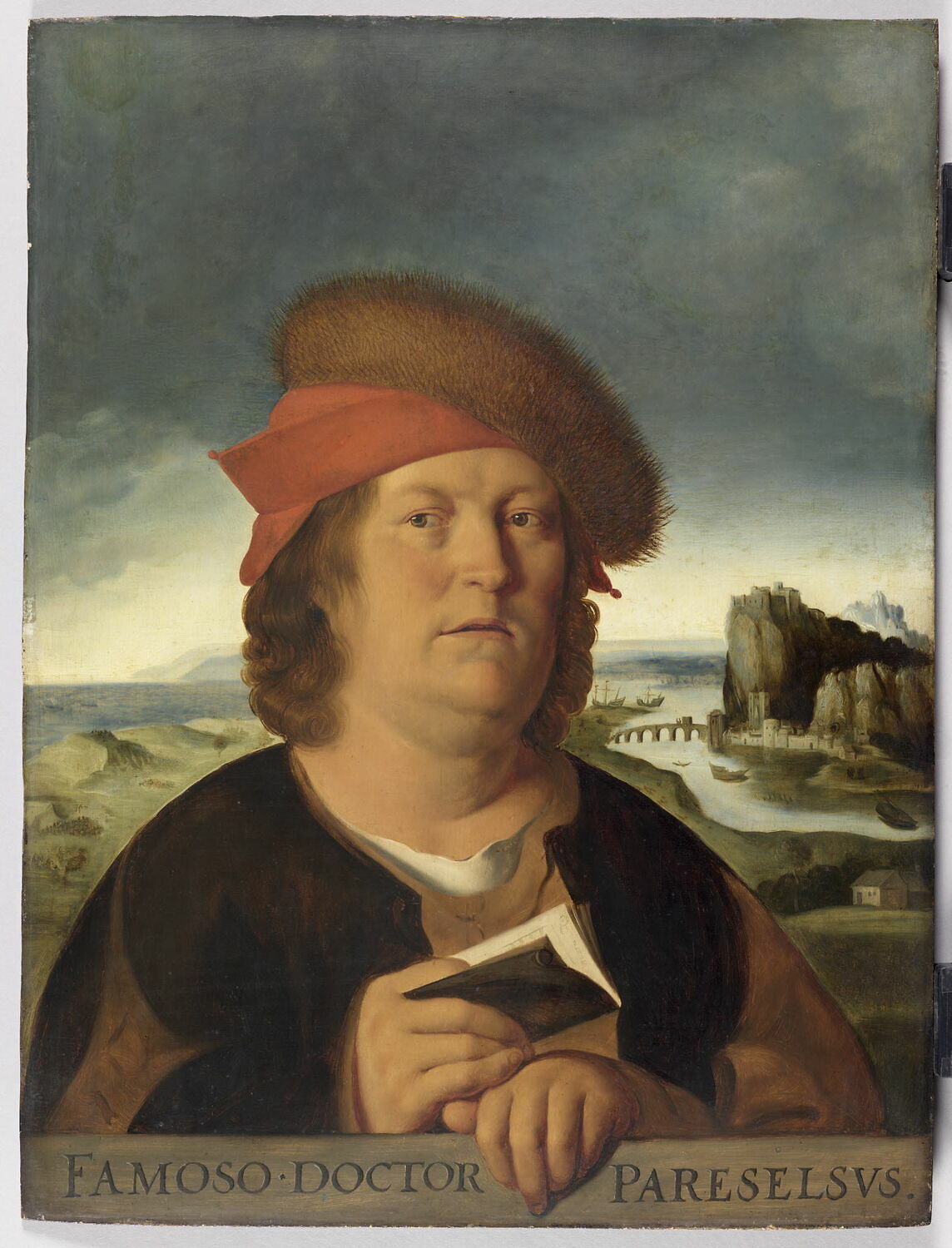 A portrait of Paracelsus, holding a book; with inscription meaning 'well-known doctor Paracelsus'