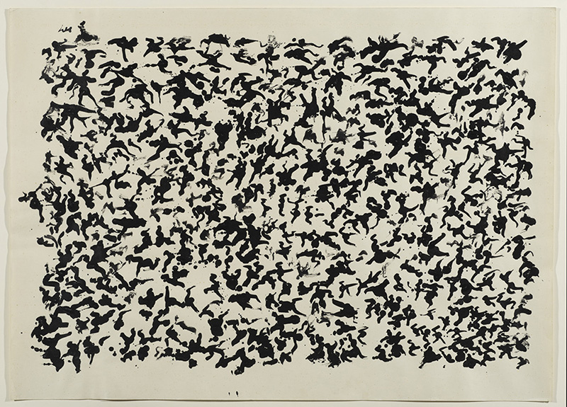 A calligraphic work using brush and black ink composed on paper by Henri Michaux with his initials on the painting