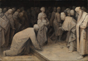 The oli painting 'Christ and the Woman taken in Adultery' used different shades of grey for the entire work to imitate a sculpture