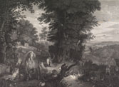 An etching of two people in a garden