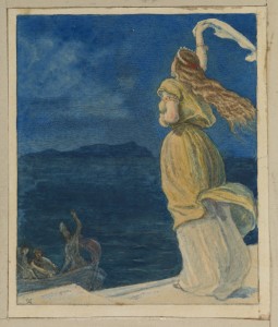 A painting of a female figure from the back waving at a person on a ship